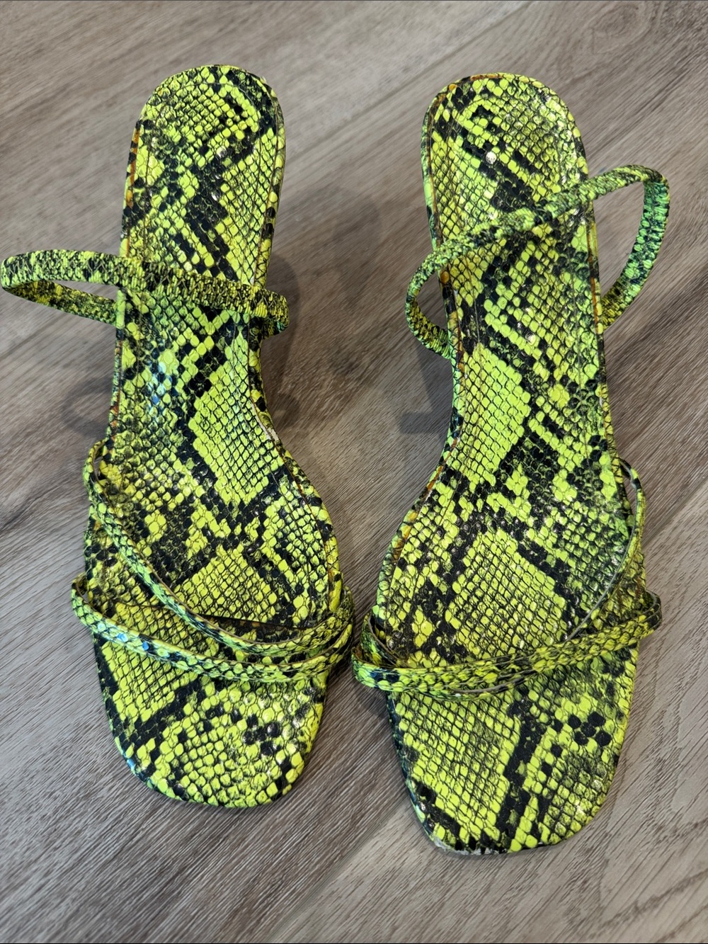 Women’s Neon Yellow Snake-Print Strappy Sandals